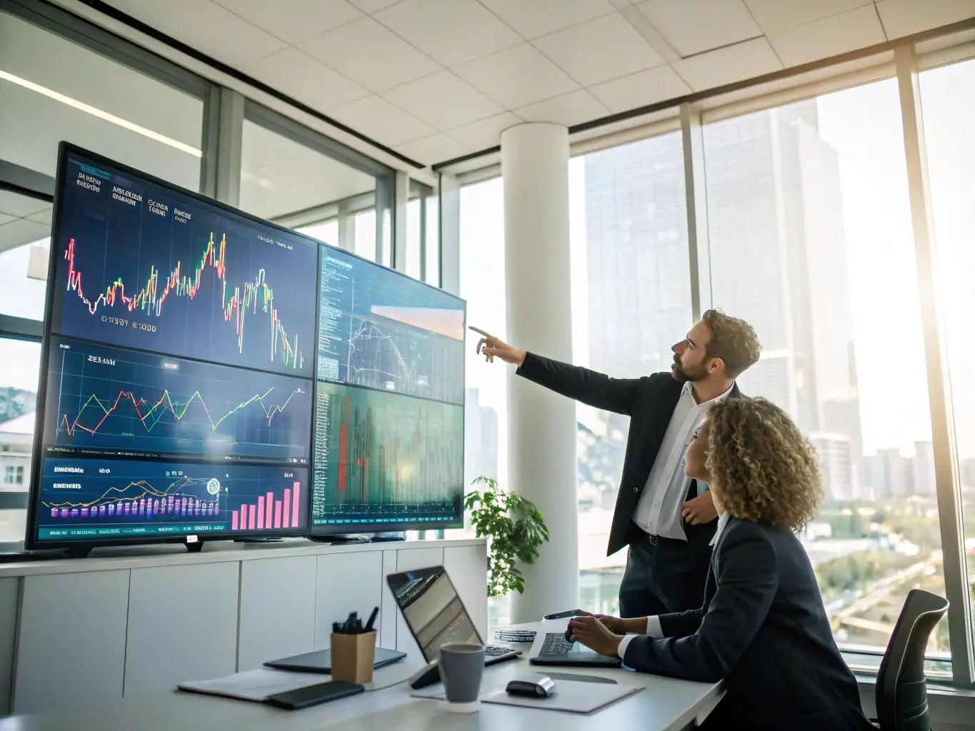 A sophisticated image of a consultant presenting funding options to a client, set against a backdrop of modern financial charts and graphs, representing LuxEthos' expertise in funding access.