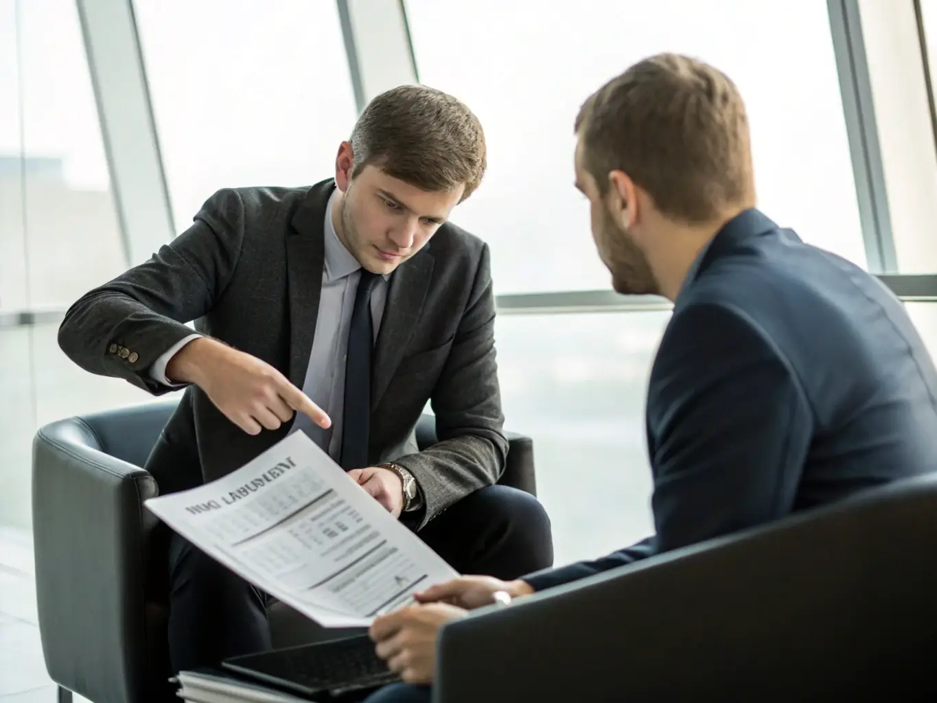An elegant image of a professional consultant reviewing credit reports with a client in a sleek, modern office setting featuring emerald green accents, symbolizing LuxEthos' commitment to business credit building.