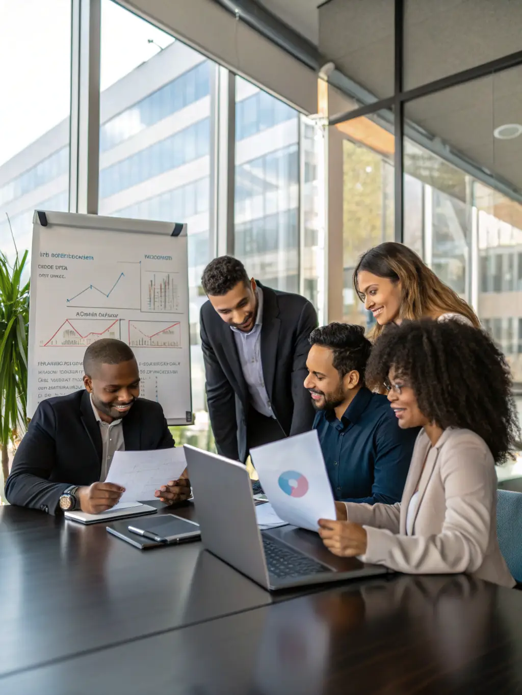 A diverse team of consultants collaborating around a table, reviewing documents and discussing strategies, set in a modern, emerald green-accented office.