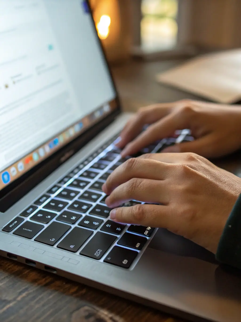 A close-up shot of a consultant's hands typing on a laptop, with a blurred background of a modern office and financial charts, symbolizing expertise and technology.