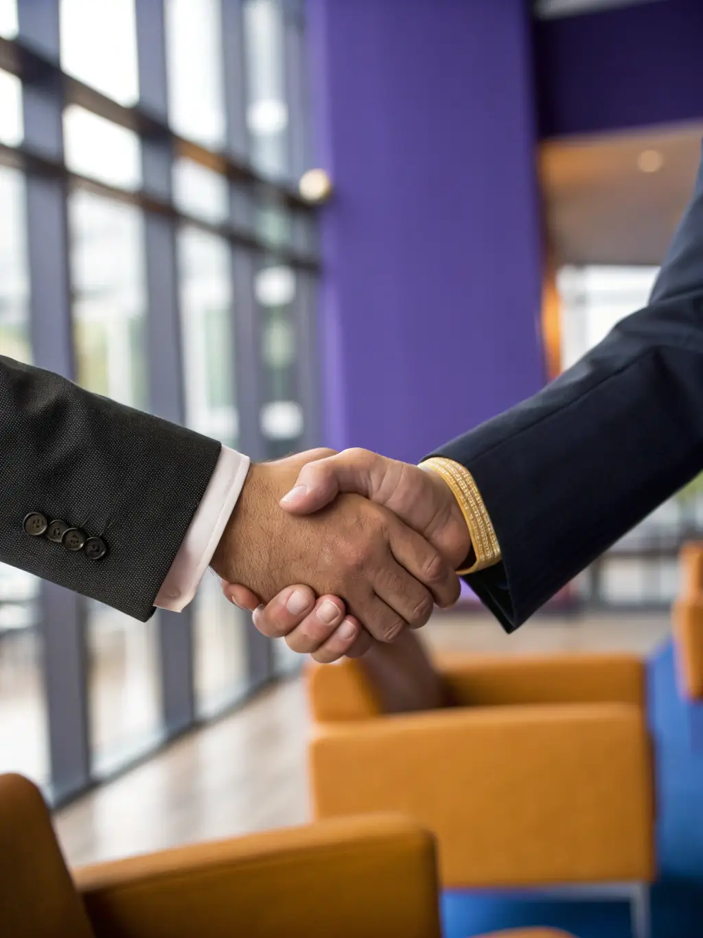 A professional consultant is shaking hands with a client in a modern office, symbolizing a successful funding agreement.