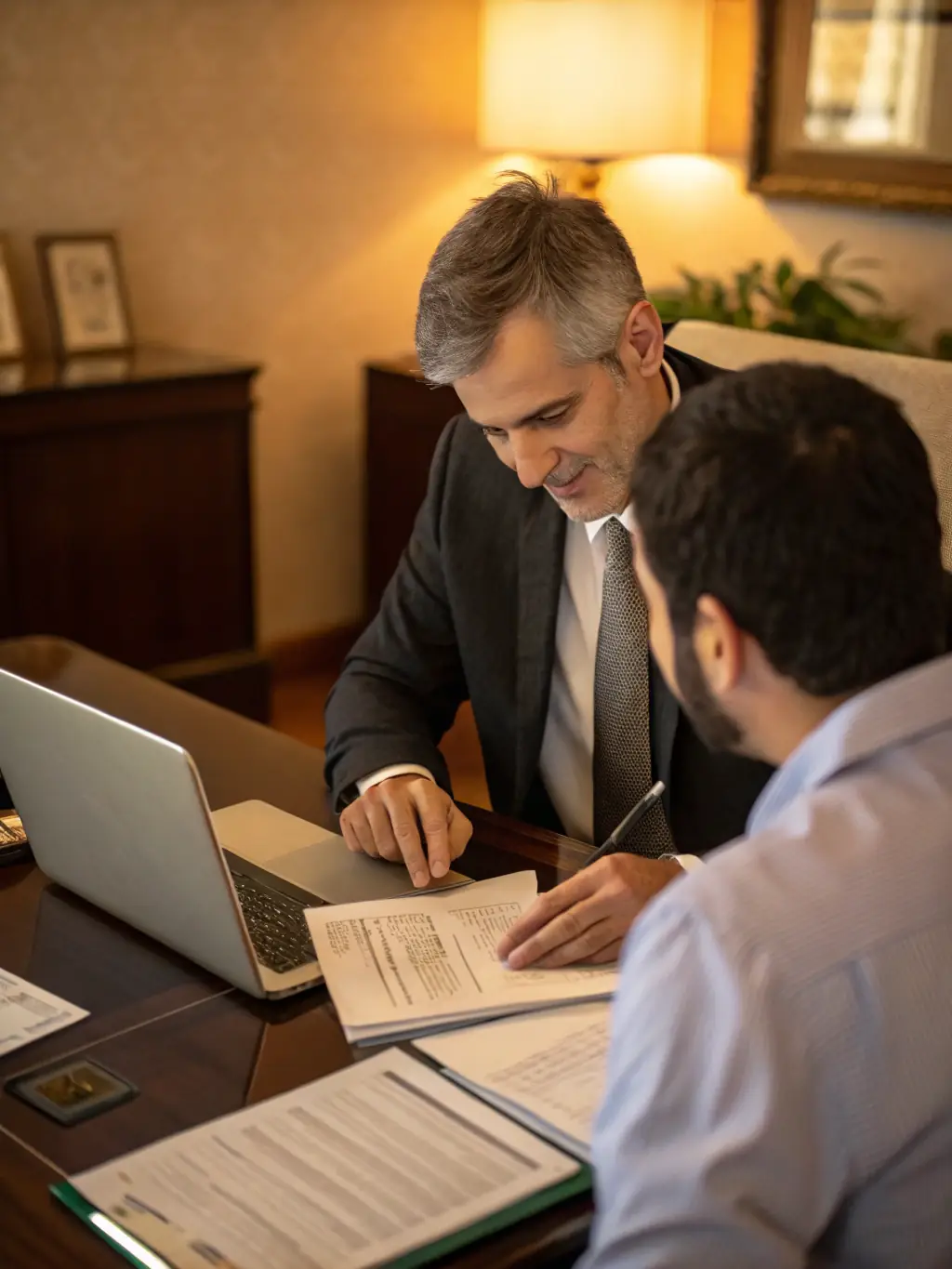 A professional photograph of a consultant reviewing financial documents with a client in a modern office setting, emphasizing collaboration and strategic planning.